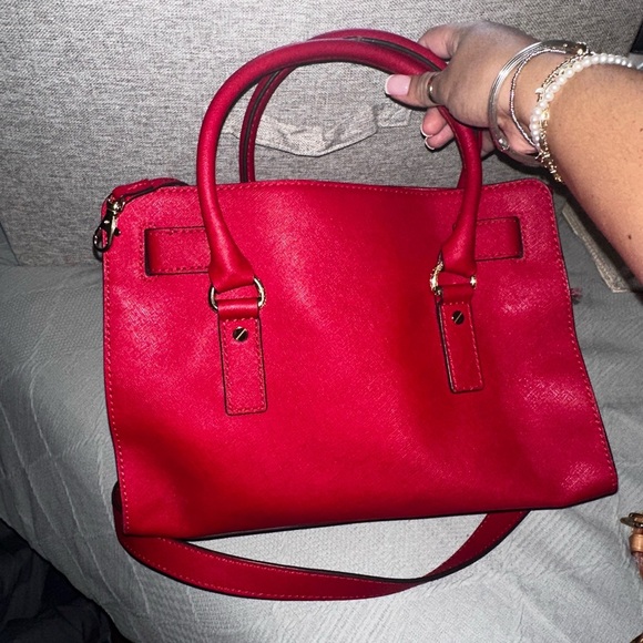 Red leather shoulder bag top handle satchel bag Michael Kors Hamilton purse - Picture 8 of 13